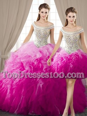 Three Piece Off the Shoulder Fuchsia Sleeveless Floor Length Beading and Ruffles Lace Up Quince Ball Gowns