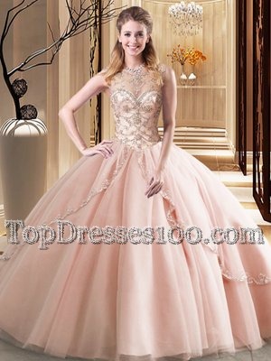 High Class Scoop Peach Lace Up 15th Birthday Dress Beading Sleeveless Brush Train
