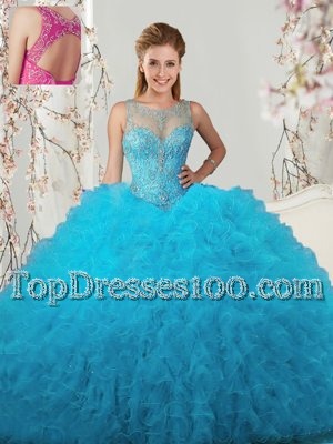 Scoop Floor Length Ball Gowns Sleeveless Baby Blue Sweet 16 Dress Lace Up