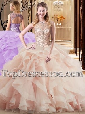 Peach Sweet 16 Dresses Scoop Sleeveless Brush Train Lace Up