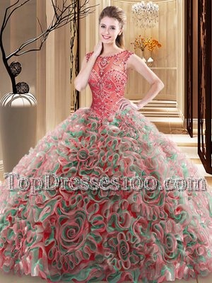 Classical Four Piece Sleeveless Floor Length Beading and Ruffles Lace Up Sweet 16 Dress with Multi-color