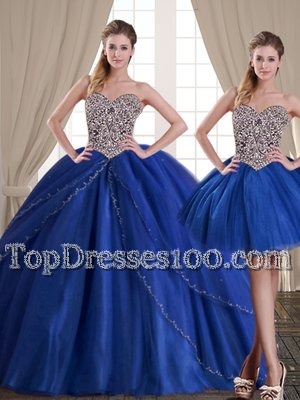 Three Piece Royal Blue Tulle Lace Up Sweetheart Sleeveless Floor Length Ball Gown Prom Dress Beading