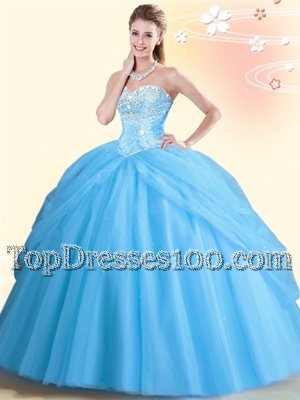 Aqua Blue Tulle Lace Up Sweetheart Sleeveless Floor Length Quinceanera Gowns Beading