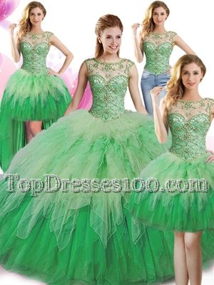 Customized Four Piece Scoop Sleeveless Quinceanera Dresses Floor Length Beading and Ruffles Green Tulle