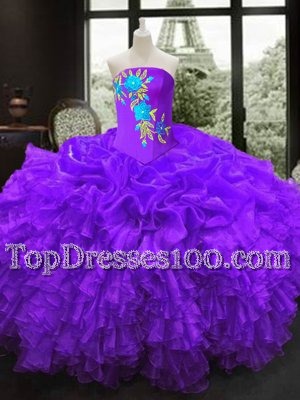 Purple Sleeveless Organza Lace Up Sweet 16 Dresses for Military Ball and Sweet 16 and Quinceanera