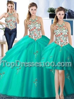 Three Piece Halter Top Sleeveless Tulle Floor Length Lace Up Sweet 16 Dress in Turquoise for with Embroidery and Pick Ups