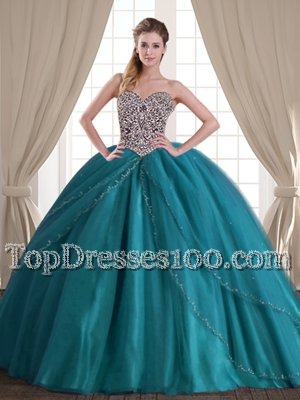 Sleeveless Brush Train Beading Lace Up Quince Ball Gowns
