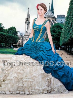Attractive Straps Straps With Train Lace Up Sweet 16 Quinceanera Dress Blue And White and In for Military Ball and Sweet 16 and Quinceanera with Beading and Ruffles and Pick Ups Brush Train