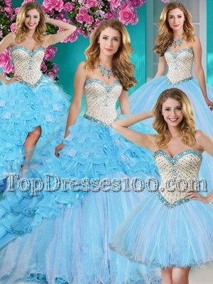 Simple Four Piece Organza Sweetheart Sleeveless Brush Train Lace Up Beading and Ruffles Sweet 16 Dresses in Baby Blue
