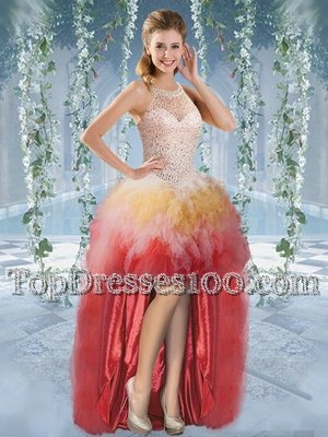 Perfect Halter Top Sleeveless Prom Evening Gown High Low Beading and Ruffles Multi-color Tulle