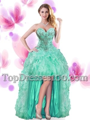 New Style Turquoise Sleeveless High Low Beading and Ruffles Lace Up Winning Pageant Gowns