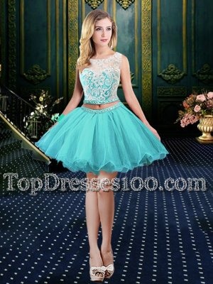 Adorable Scoop Aqua Blue Sleeveless Mini Length Lace Clasp Handle Cocktail Dresses