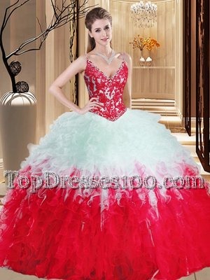 Fancy Straps Straps White And Red Ball Gowns Appliques and Ruffles 15 Quinceanera Dress Lace Up Organza Sleeveless Floor Length
