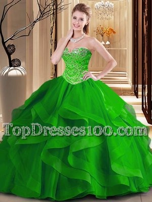 Beading and Ruffles Sweet 16 Dresses Green Lace Up Sleeveless Floor Length