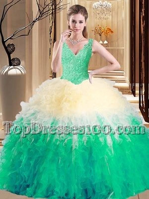 Traditional Tulle Sleeveless Floor Length Quinceanera Gowns and Lace and Appliques and Ruffles