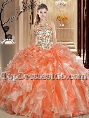 Delicate Orange Scoop Neckline Embroidery and Ruffles Vestidos de Quinceanera Sleeveless Backless