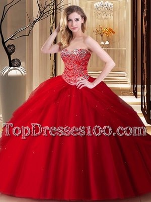 Vintage Sleeveless Floor Length Beading Lace Up Quince Ball Gowns with Red