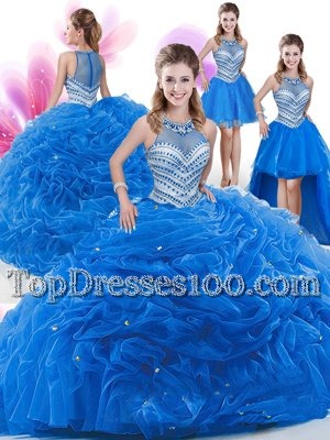 Eye-catching Four Piece High-neck Sleeveless Organza Vestidos de Quinceanera Beading and Pick Ups Zipper