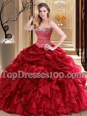 Beading and Pick Ups Vestidos de Quinceanera Red Lace Up Sleeveless Floor Length