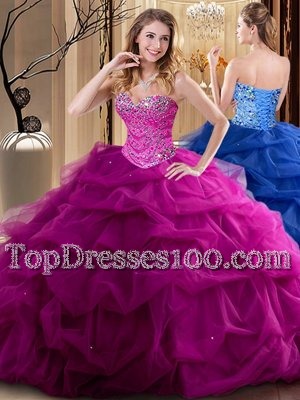 Lovely Floor Length Lace Up Quince Ball Gowns Fuchsia and In for Military Ball and Sweet 16 and Quinceanera with Beading and Ruffles