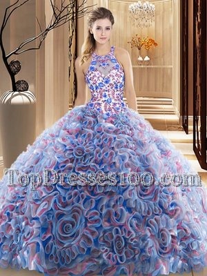 Criss Cross Multi-color 15 Quinceanera Dress Fabric With Rolling Flowers Brush Train Sleeveless Ruffles and Pattern