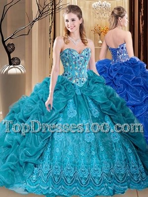 Teal Sleeveless Floor Length Embroidery and Pick Ups Lace Up Quinceanera Gowns