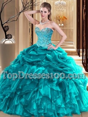 Teal Quince Ball Gowns Military Ball and Sweet 16 and Quinceanera and For with Beading and Pick Ups Sweetheart Sleeveless Lace Up
