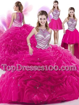 Modest Four Piece Sleeveless Organza Floor Length Zipper Quince Ball Gowns in Hot Pink for with Beading and Pick Ups