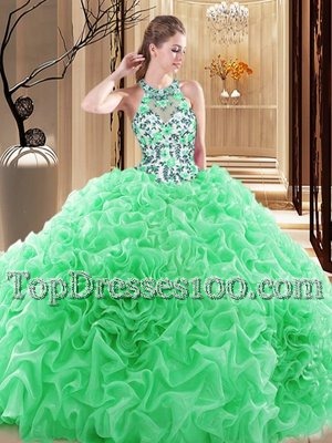 Quinceanera Gown Prom and Military Ball and Sweet 16 and Quinceanera and For with Embroidery and Ruffles High-neck Sleeveless Brush Train Backless