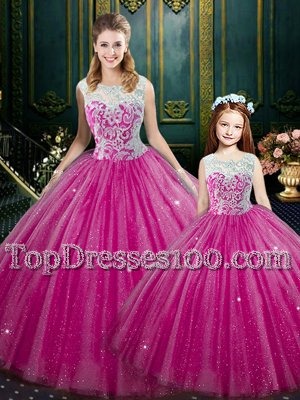 Floor Length Hot Pink Quinceanera Gown Tulle Sleeveless Lace