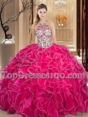 Comfortable Scoop Sleeveless Backless Sweet 16 Dresses Hot Pink Organza