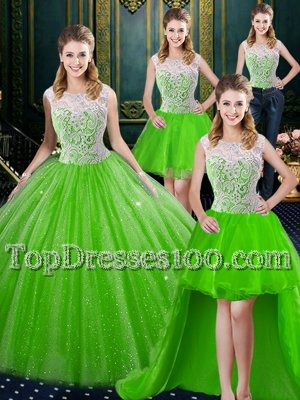 Four Piece Lace Quinceanera Dress Zipper Sleeveless Floor Length Brush Train