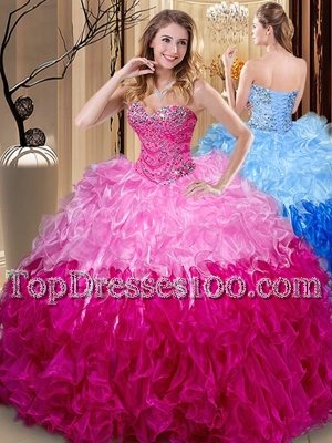 Floor Length Quinceanera Dress Fabric With Rolling Flowers Sleeveless Embroidery and Ruffles and Pick Ups