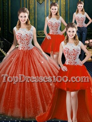 New Style Four Piece Orange Red High-neck Neckline Beading and Lace Sweet 16 Dresses Sleeveless Zipper