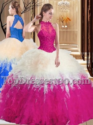Multi-color Ball Gowns Lace and Appliques and Ruffles Sweet 16 Dresses Backless Tulle Sleeveless Floor Length