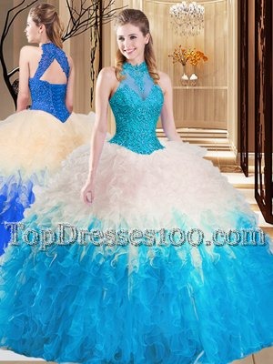 Excellent Multi-color High-neck Backless Lace and Appliques and Ruffles Ball Gown Prom Dress Sleeveless