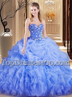 Lavender Ball Gowns Embroidery and Ruffles and Pick Ups Quince Ball Gowns Lace Up Organza Sleeveless