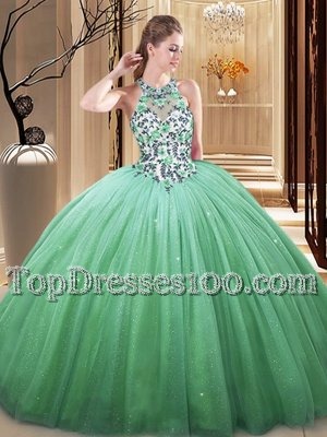 Green Tulle Lace Up High-neck Sleeveless Floor Length Quinceanera Dress Lace and Appliques