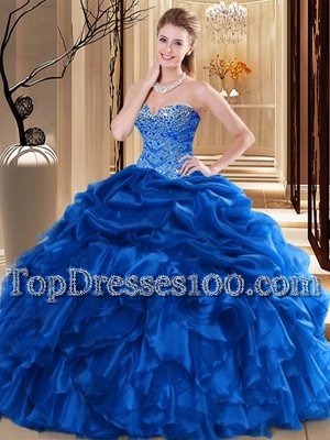Floor Length Royal Blue Quinceanera Gowns Organza Sleeveless Beading and Pick Ups