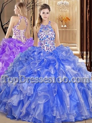 Scoop Backless Blue Sleeveless Embroidery and Ruffles Floor Length Sweet 16 Dress