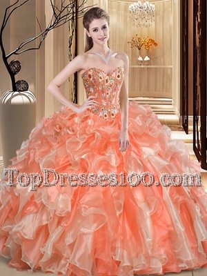 Fashion Beading and Ruffles Sweet 16 Dress Orange Lace Up Sleeveless Floor Length