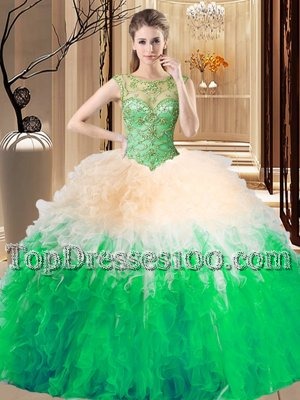 Multi-color Tulle Backless 15th Birthday Dress Sleeveless Floor Length Beading and Ruffles