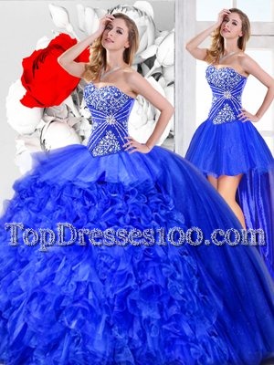 Exceptional Three Piece Blue Lace Up Sweetheart Beading and Ruffles Ball Gown Prom Dress Organza Sleeveless