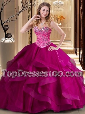Fuchsia Sleeveless Floor Length Beading and Ruffles Lace Up Quince Ball Gowns