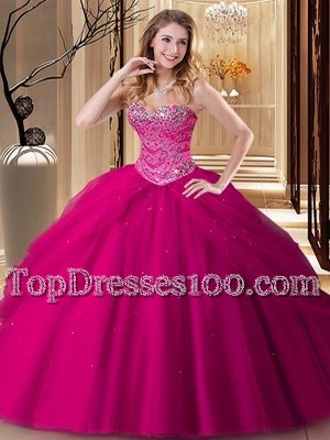 Fuchsia Tulle Lace Up Sweetheart Sleeveless Floor Length Quinceanera Gown Beading