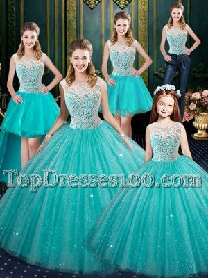 High-neck Sleeveless Sweet 16 Dresses Floor Length Lace Turquoise Tulle