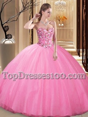 Flare Rose Pink Lace Up Sweetheart Embroidery Sweet 16 Quinceanera Dress Tulle Sleeveless