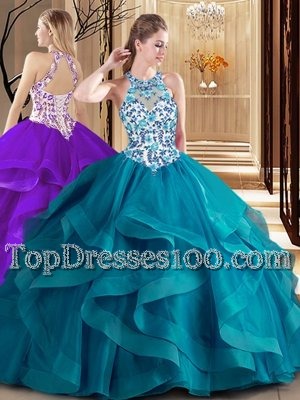 Brush Train Ball Gowns Quinceanera Dress Teal Scoop Tulle Sleeveless Lace Up