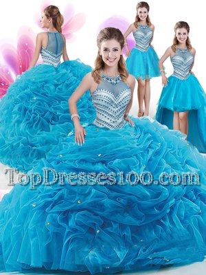 Four Piece Pick Ups With Train Aqua Blue Quinceanera Dress High-neck Sleeveless Court Train Zipper