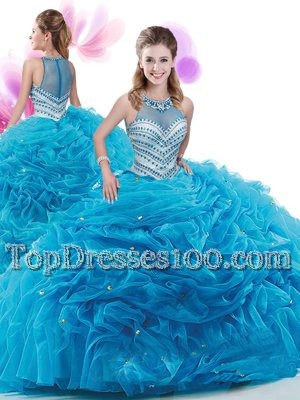 On Sale Baby Blue Quinceanera Dress Military Ball and Sweet 16 and Quinceanera and For with Ruffles High-neck Sleeveless Court Train Zipper